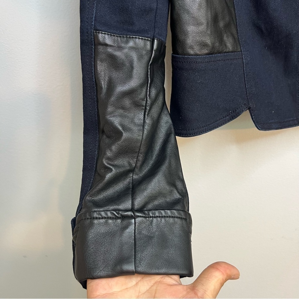 Kiind of Thalia faux leather two toned jacket Sz L Navy Black Cotton Chic City - Picture 6 of 14